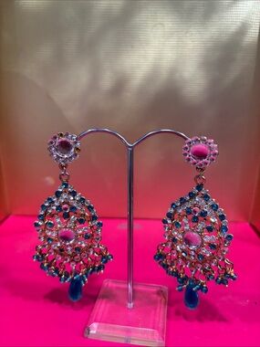Elegant Blue and Pink Crystal Chandelier Earrings - Women Jewelry